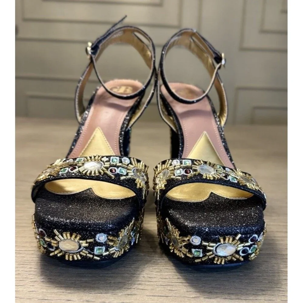 GIANNI BINI Black Gold Embellished Platform Heels Glam Party. Sizes 6.5 , 7 , 8